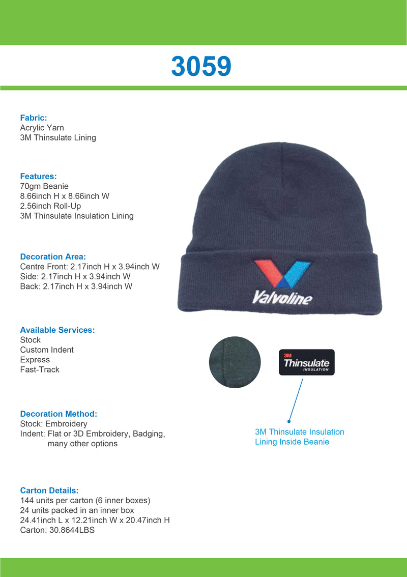 Headwear-Acrylic Beanie with Thinsulate Lining-3059