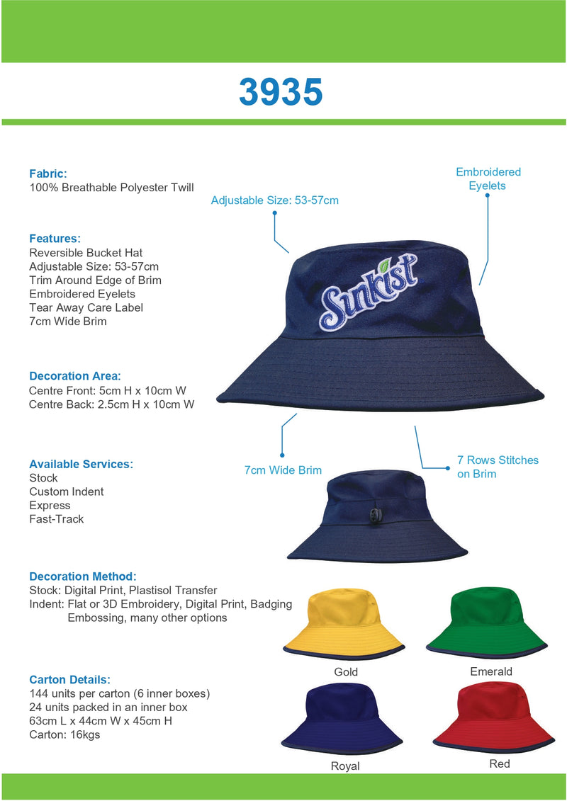 Headwear - Reversible Breathable Poly Twill Bucket Hat - 3935