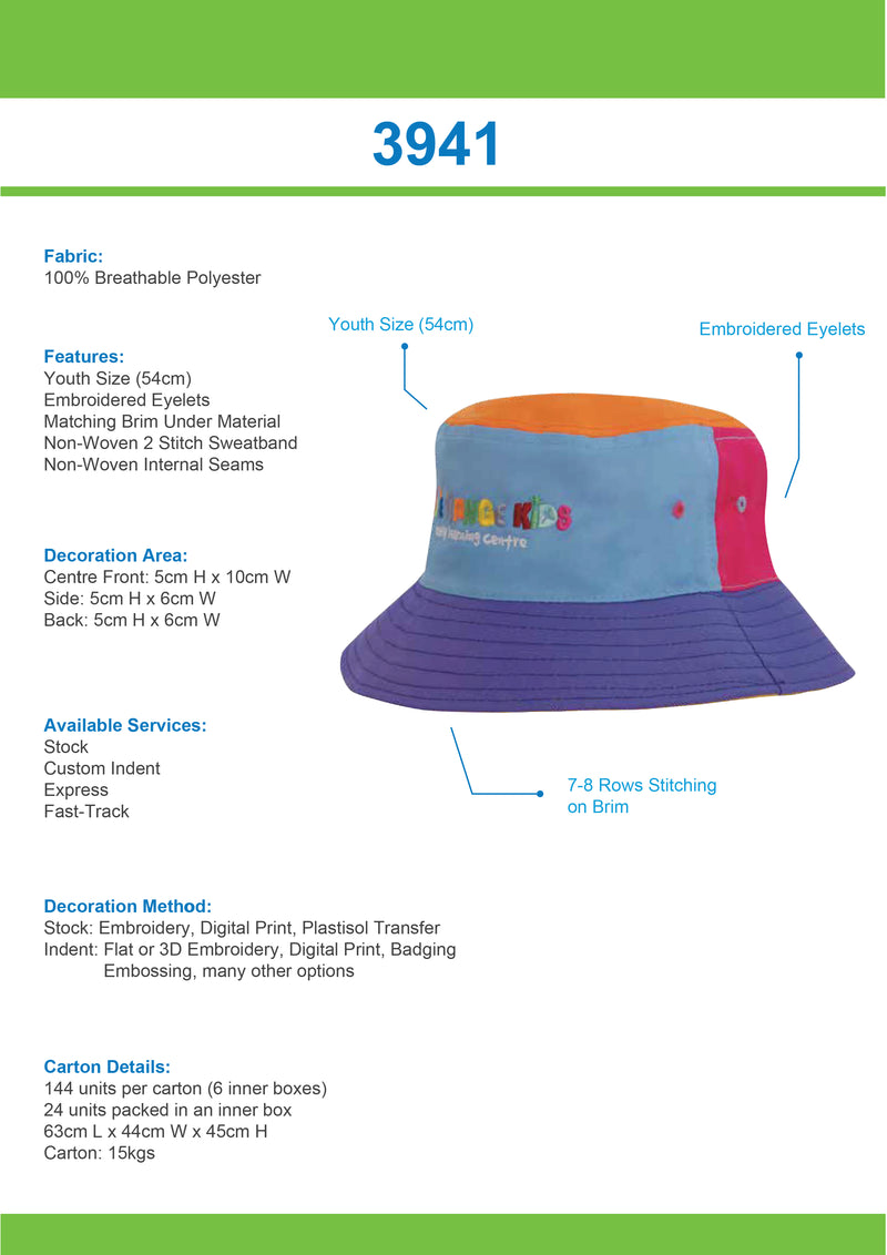 Headwear - Breathable Poly Twill Childs Bucket Hat - 3941